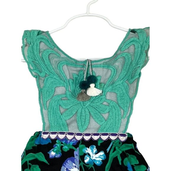 Label Jane Romper Girl 2T Green Floral Embroidery Pom Pom Summer Beach Girly - Picture 3 of 13